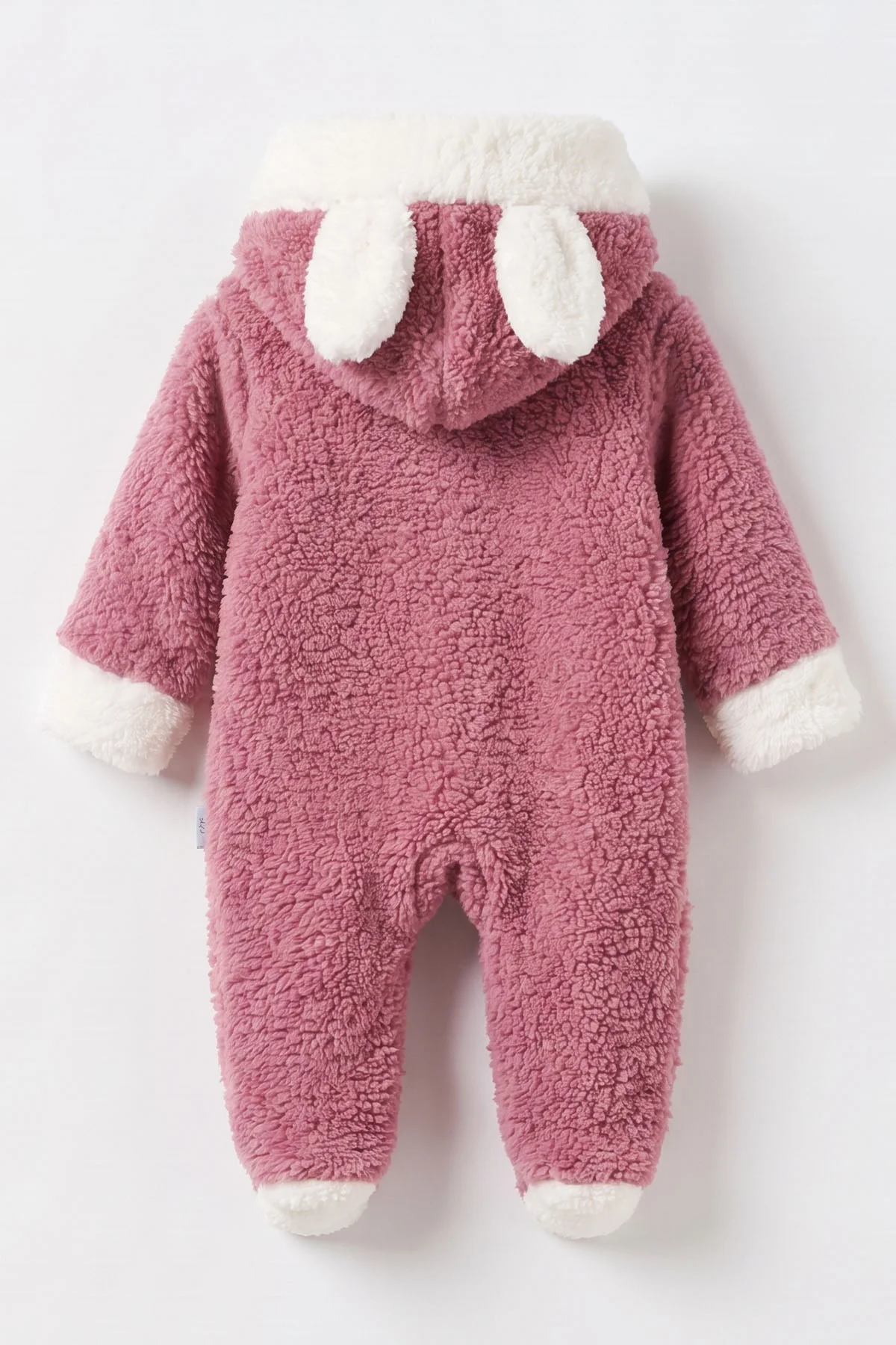 Pudra (0-9 Ay) Tavşan Nakışlı Kapüşonlu Peluş Kız Bebek Tulum 495666