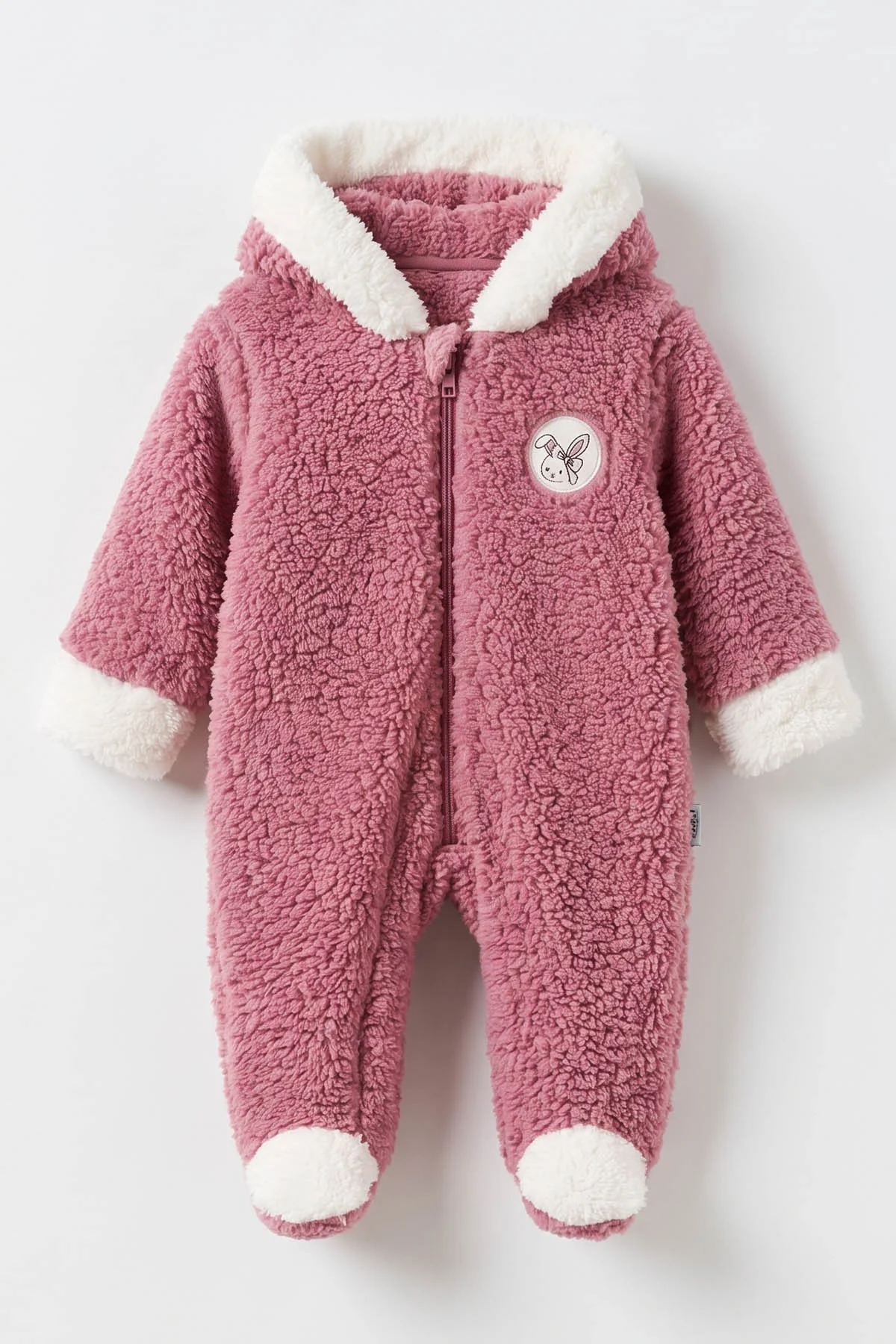 Pudra (0-9 Ay) Tavşan Nakışlı Kapüşonlu Peluş Kız Bebek Tulum 495666
