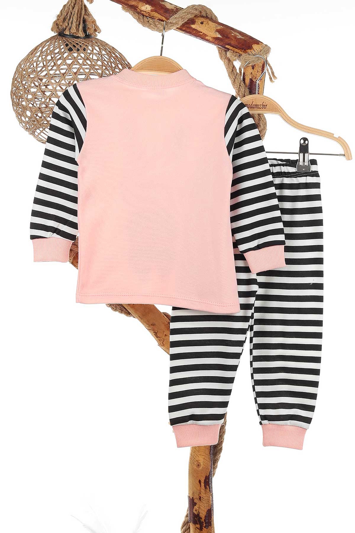 Pudra (1-3 Yaş) Çizgili Tavşan Baskılı Kız Çocuk Pijama Takım 141055