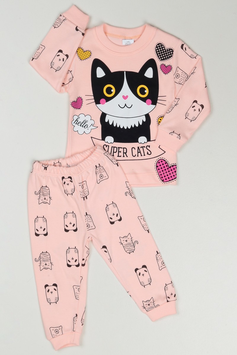 Pudra (1-3 Yaş) Sevimli Kedi Baskılı Kız Çocuk Pijama Takım 88622