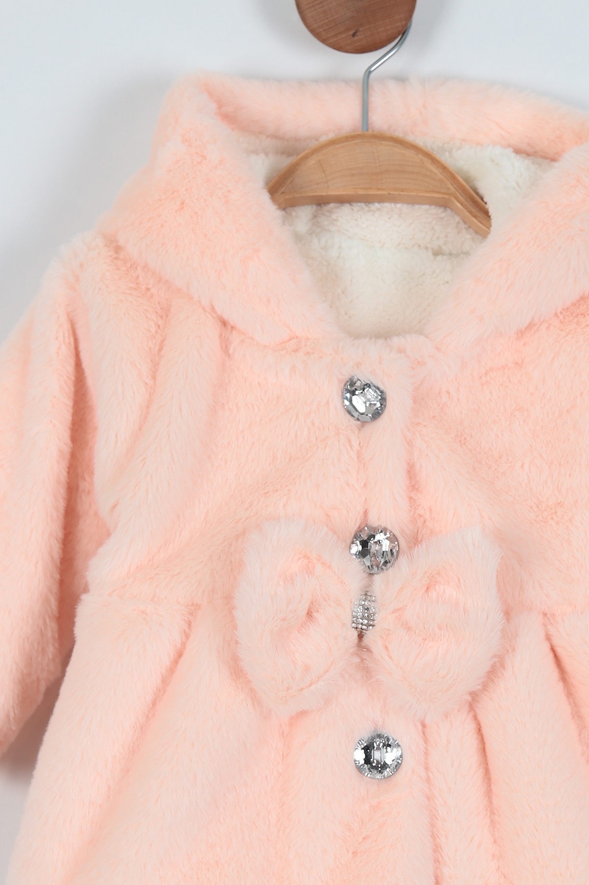 Pudra (1-3 Yaş) Taş Detaylı Fiyonklu Kürklü Kız Bebe Mont 220923