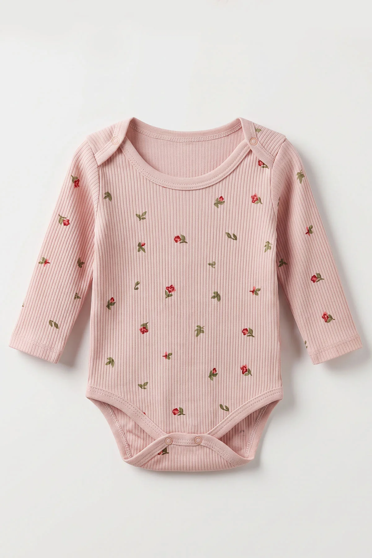 Pudra (1-3 Yaş)Lale Baskılı Uzun Kollu Kız Bebek & Çocuk Çıtçıtlı Badi 480294