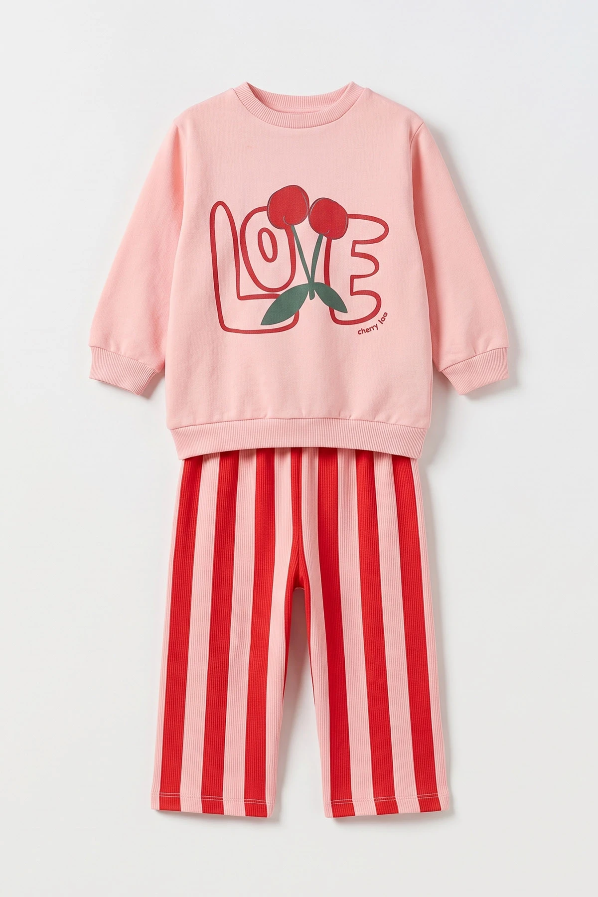 Pudra (1-5 Yaş) Love Kiraz Baskılı Alt Çizgili 2 İp Şardonlu Kız Çocuk Takım 496164