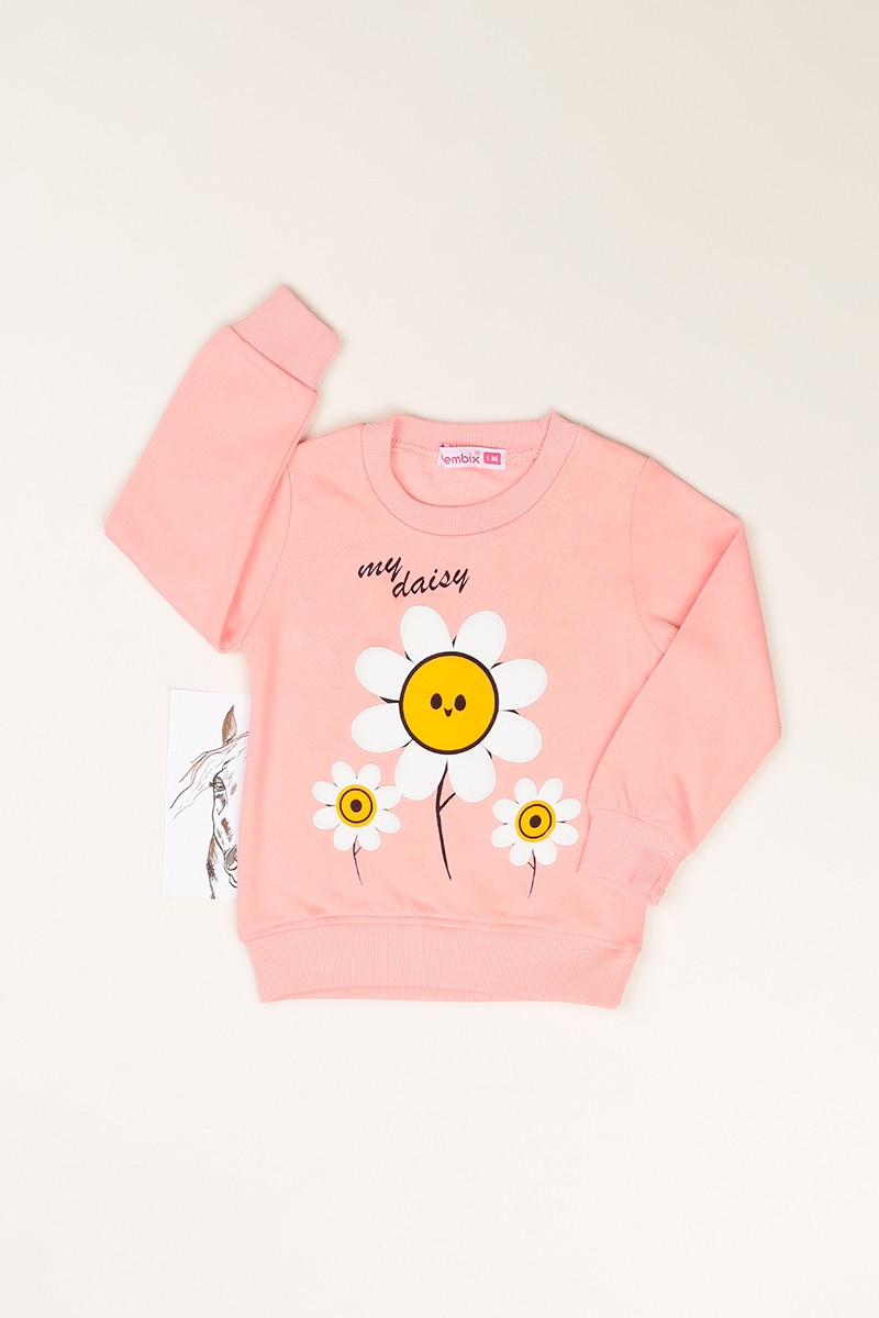 Pudra (1-8 Yaş) Çiçek Baskılı İçi Şardonlu Kız Çocuk Sweatshirt 81375