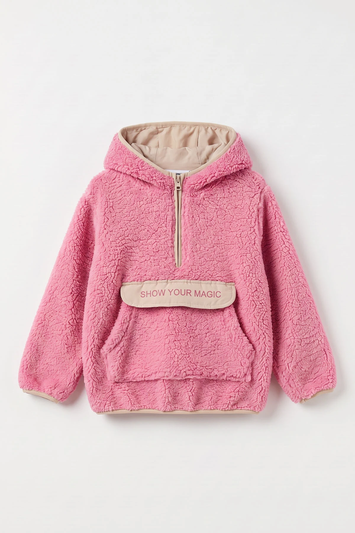 Pudra (1-8 Yaş) Nakışlı Kapüşonlu Kanguru Cepli Yarım Fermuarlı Kuzu Kız &Bebek Çocuk Sweatshirt 496331