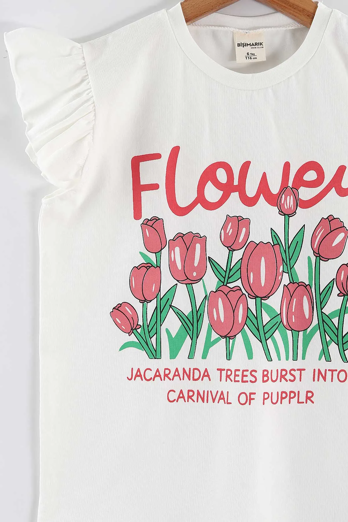 Pudra (1-9 Yaş) Flower Baskılı Koldan Fırfırlı Tişörtlü ve Cepli Şortlu Süprem Kız Çocuk Yazlık Takım 456417
