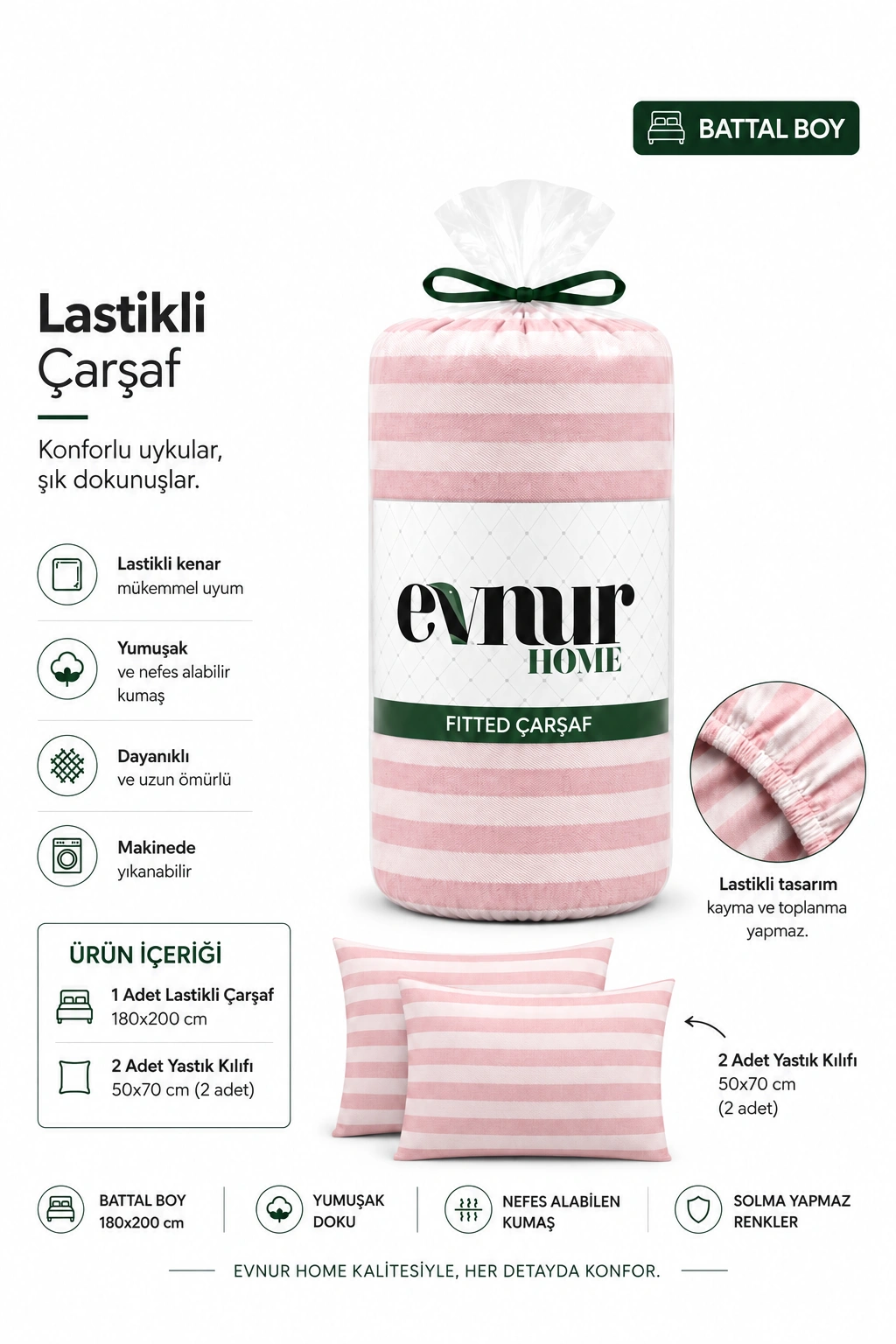 Pudra 180x200 Cm  Evnur Home Çizgili Çift Kişilik Fitted (Lastikli) Çarşaf Takımı 497759