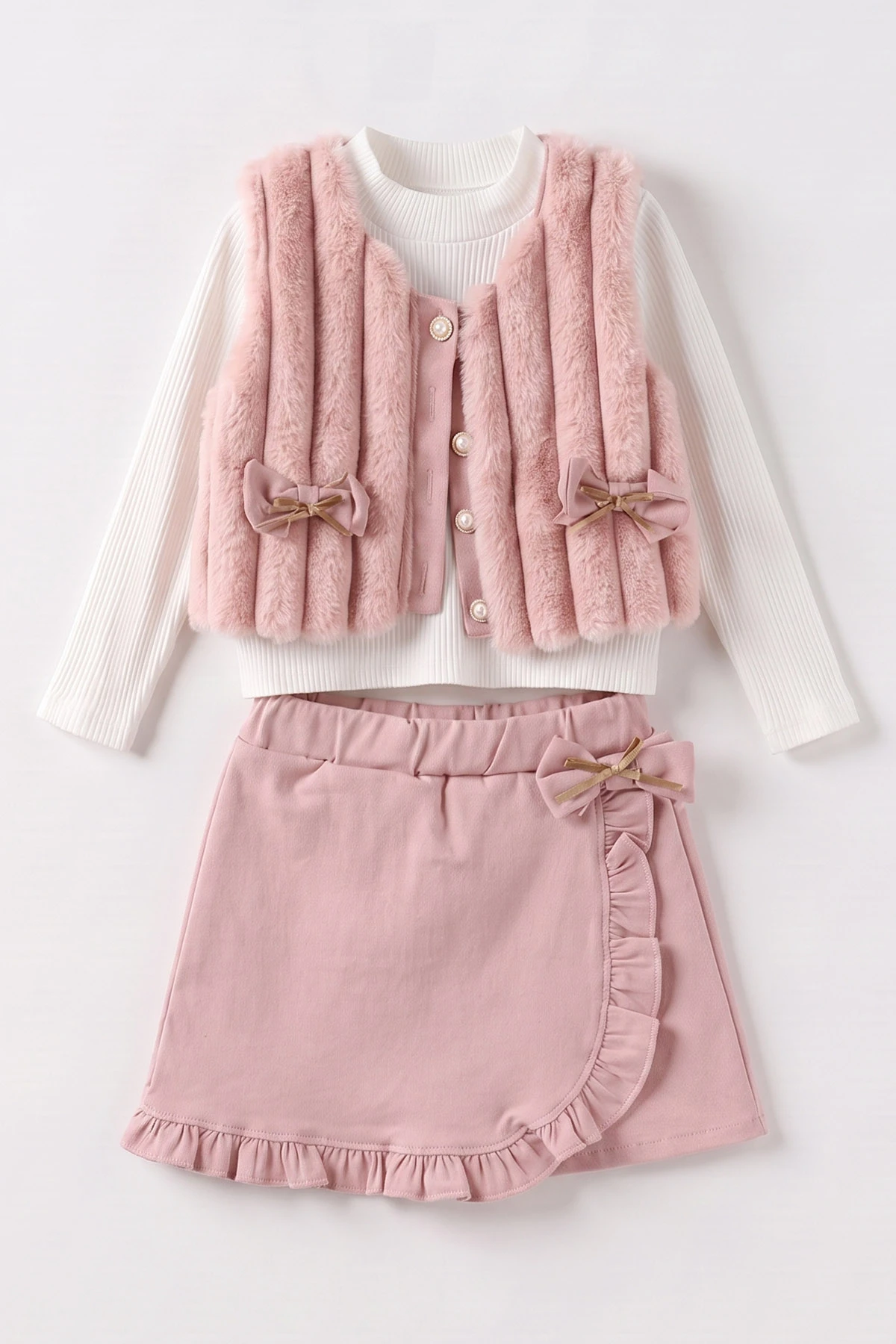 Pudra (2-6 Yaş) Gabardin Şort Etekli Peluş Yelekli Kız Çocuk 3'Lü Takım 483644