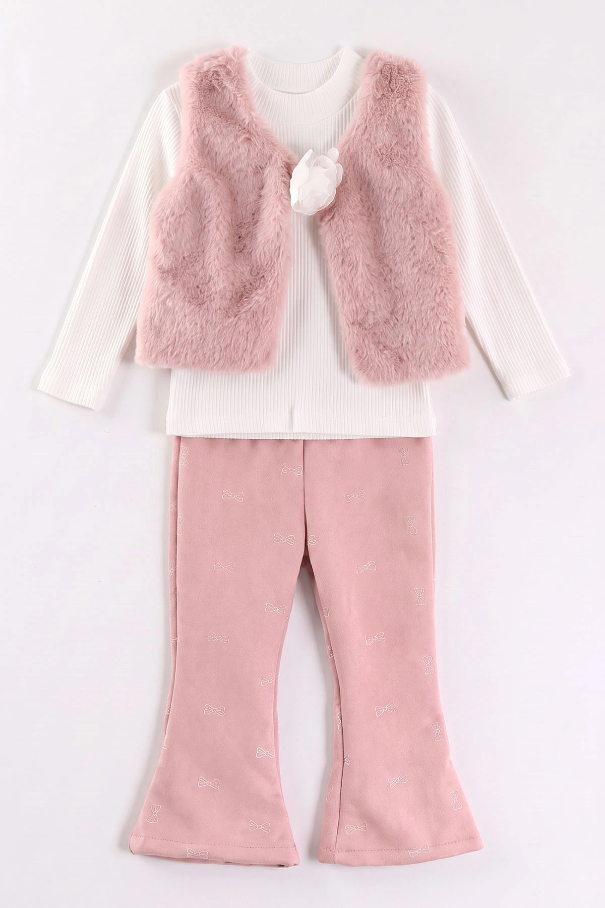 Pudra (2-6 Yaş) Kadife Pantolon ve Peluş Yelekli Kız Çocuk 3'lü Takım 483687