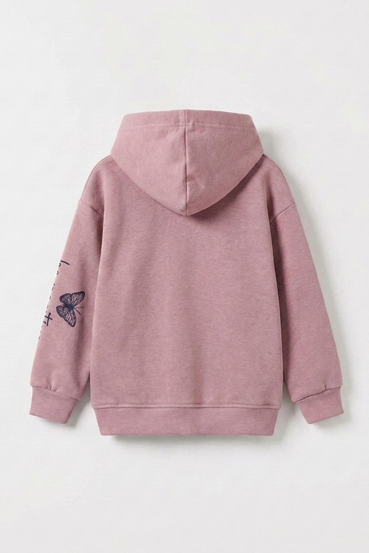 Pudra (3-12 Yaş) Kelebek Baskılı Kapüşonlu  Şardonlu 3 İp Kız Çocuk Sweatshirt 484138