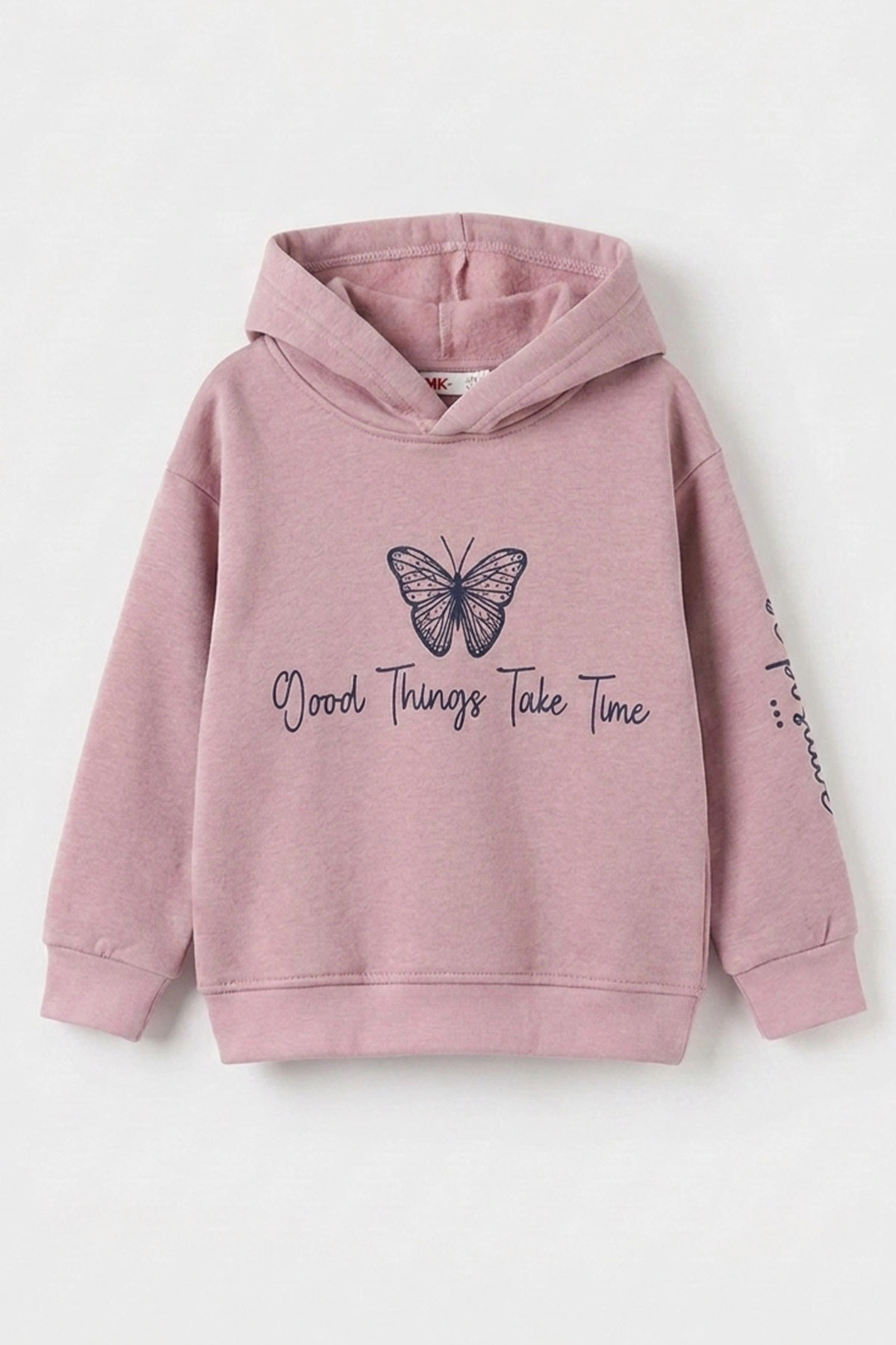 Pudra (3-12 Yaş) Kelebek Baskılı Kapüşonlu  Şardonlu 3 İp Kız Çocuk Sweatshirt 484138