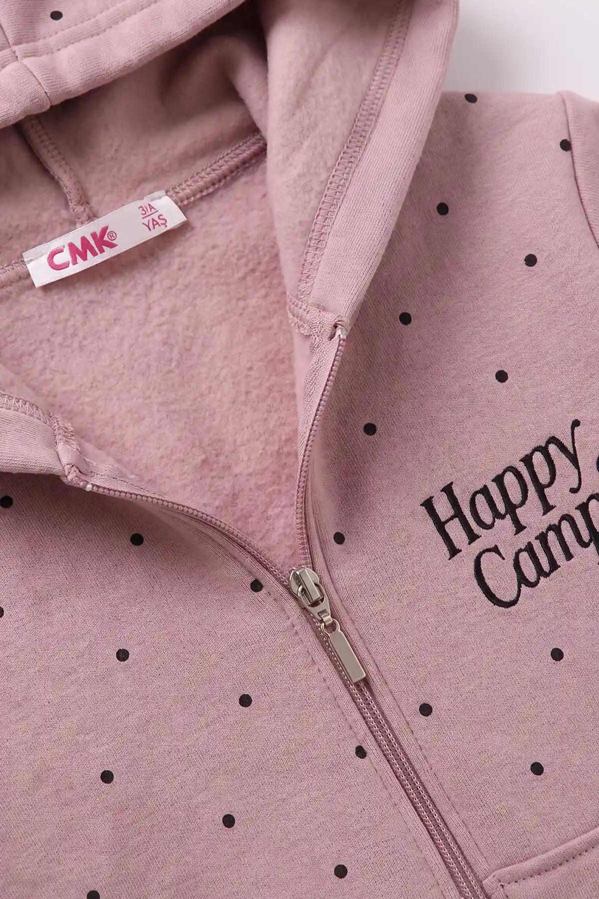 Pudra (3-12 Yaş) Noktalı Baskılı Kapüşonlu 3 İp Şardonlu Kız Çocuk Sweatshirt 483900
