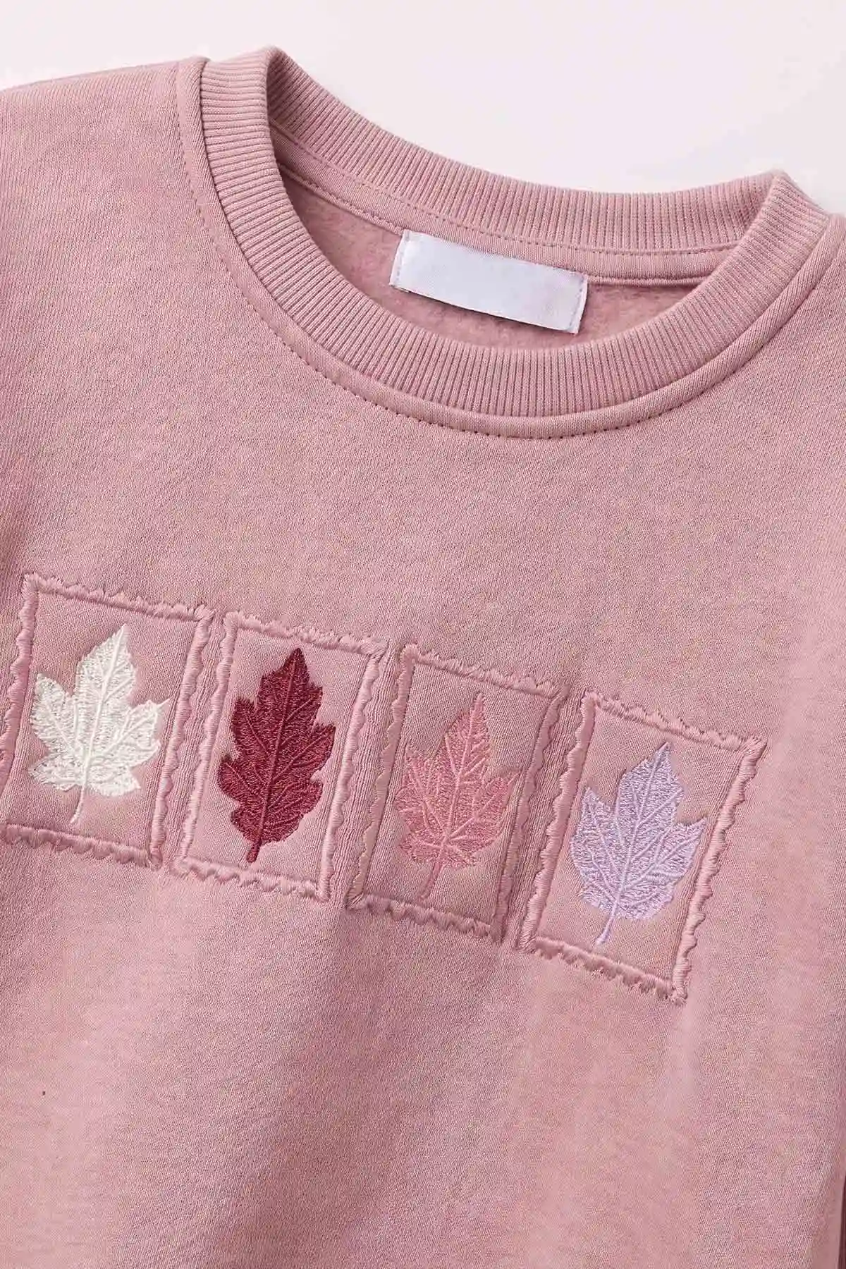 Pudra (3-12 Yaş) Yaprak Nakışlı 3 İp Şardonlu Kız Çocuk Sweatshirt 478773