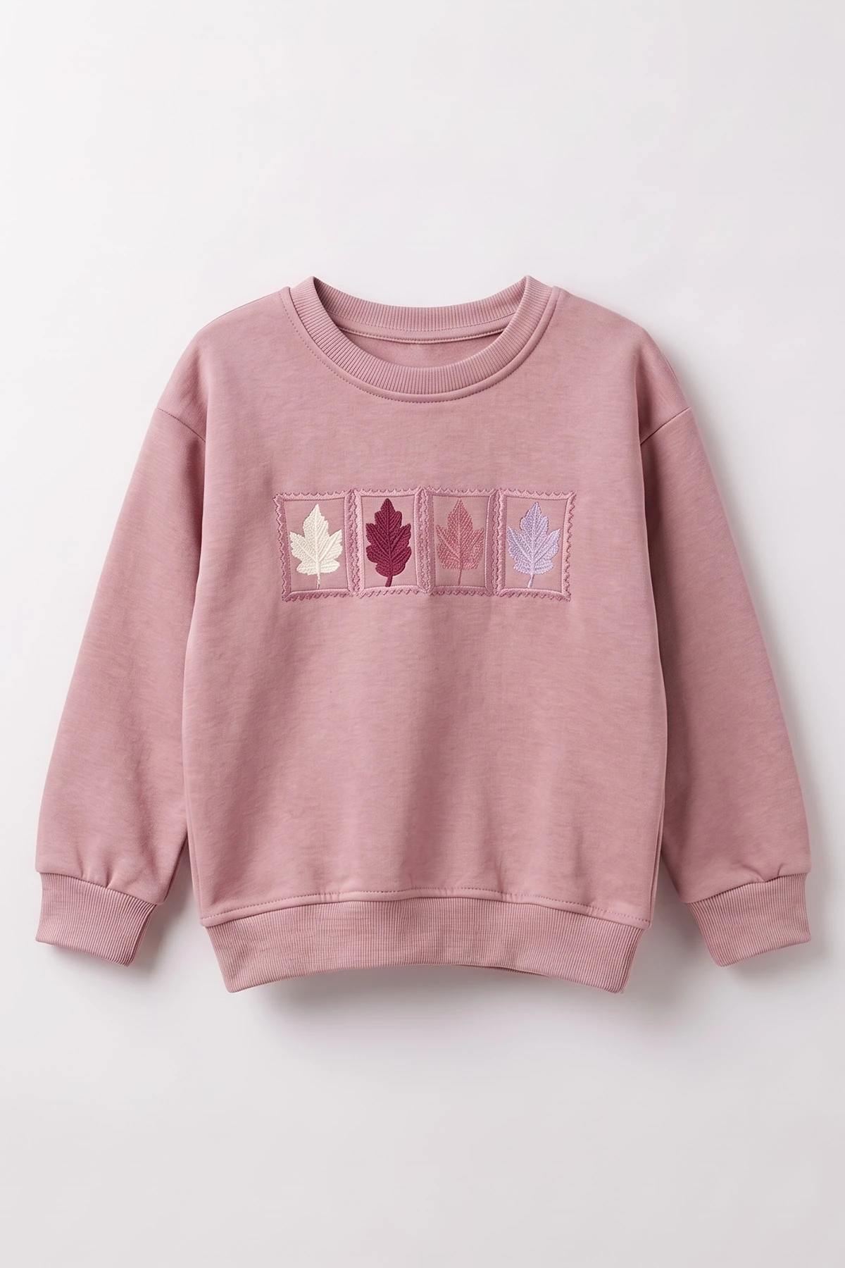 Pudra (3-12 Yaş) Yaprak Nakışlı 3 İp Şardonlu Kız Çocuk Sweatshirt 478773