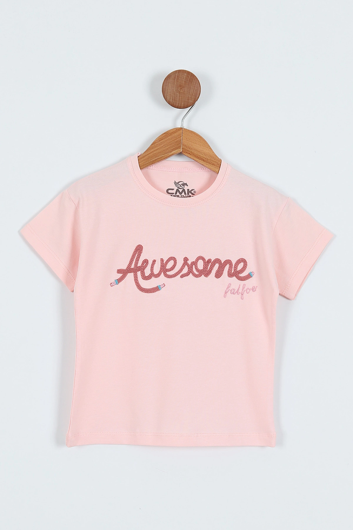 Pudra (3-12 Yaş)Awesome Nakışlı   Kız Çocuk Kısa Kol Tişört 354002
