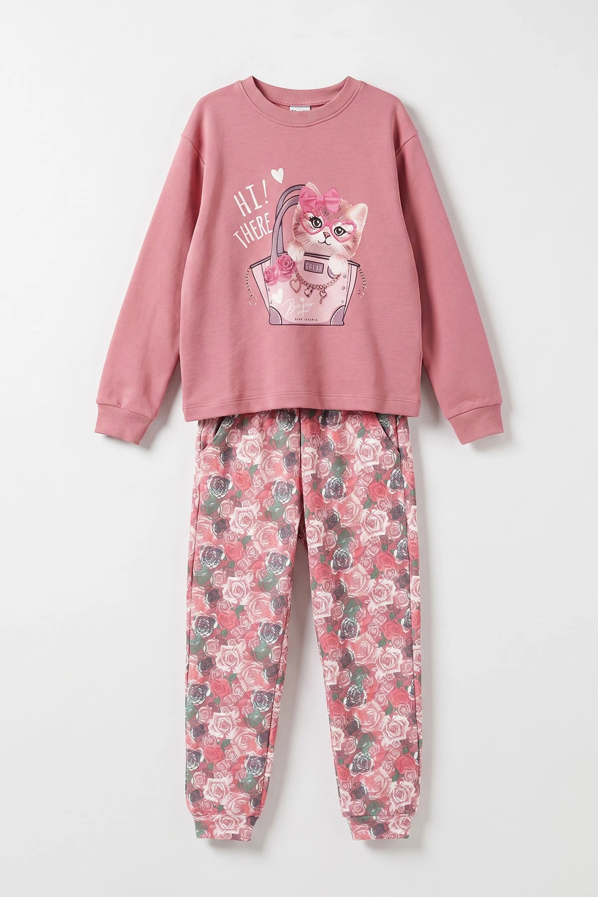 Pudra (3-15 Yaş) Kedi Baskılı Ribana Kumaş Kız Çocuk Pijama Takımı 477075