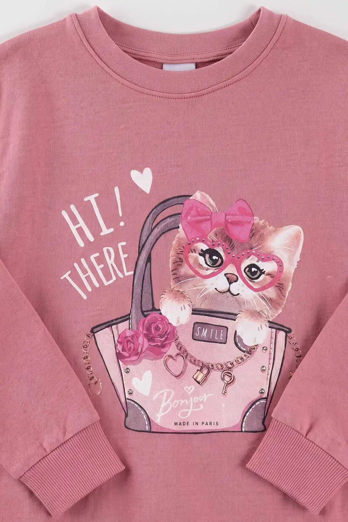 Pudra (3-15 Yaş) Kedi Baskılı Ribana Kumaş Kız Çocuk Pijama Takımı 477075