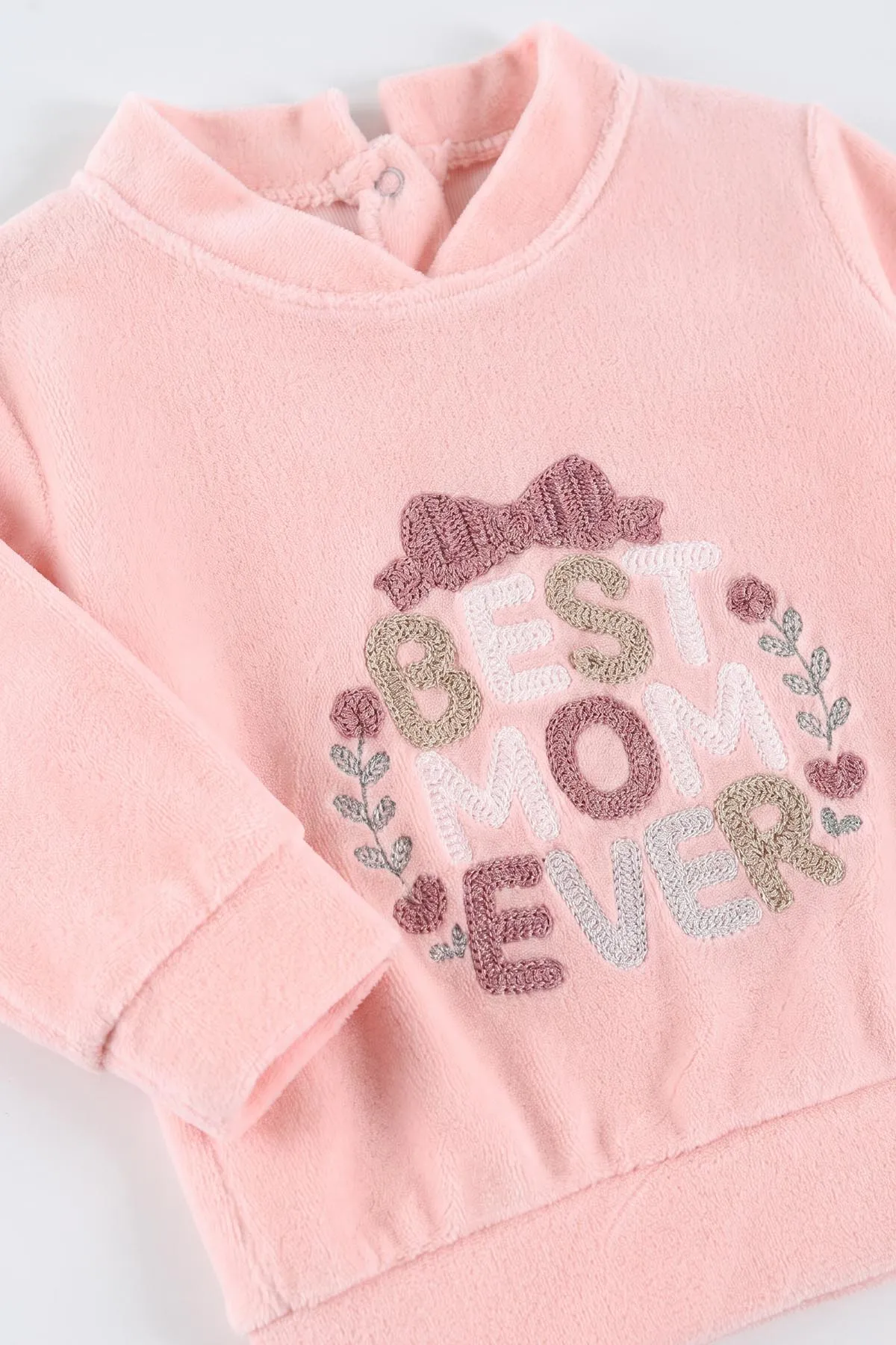Pudra (3-18 Ay) Best Mom Ever Nakışlı Kadife Kız Bebek Takım 487631