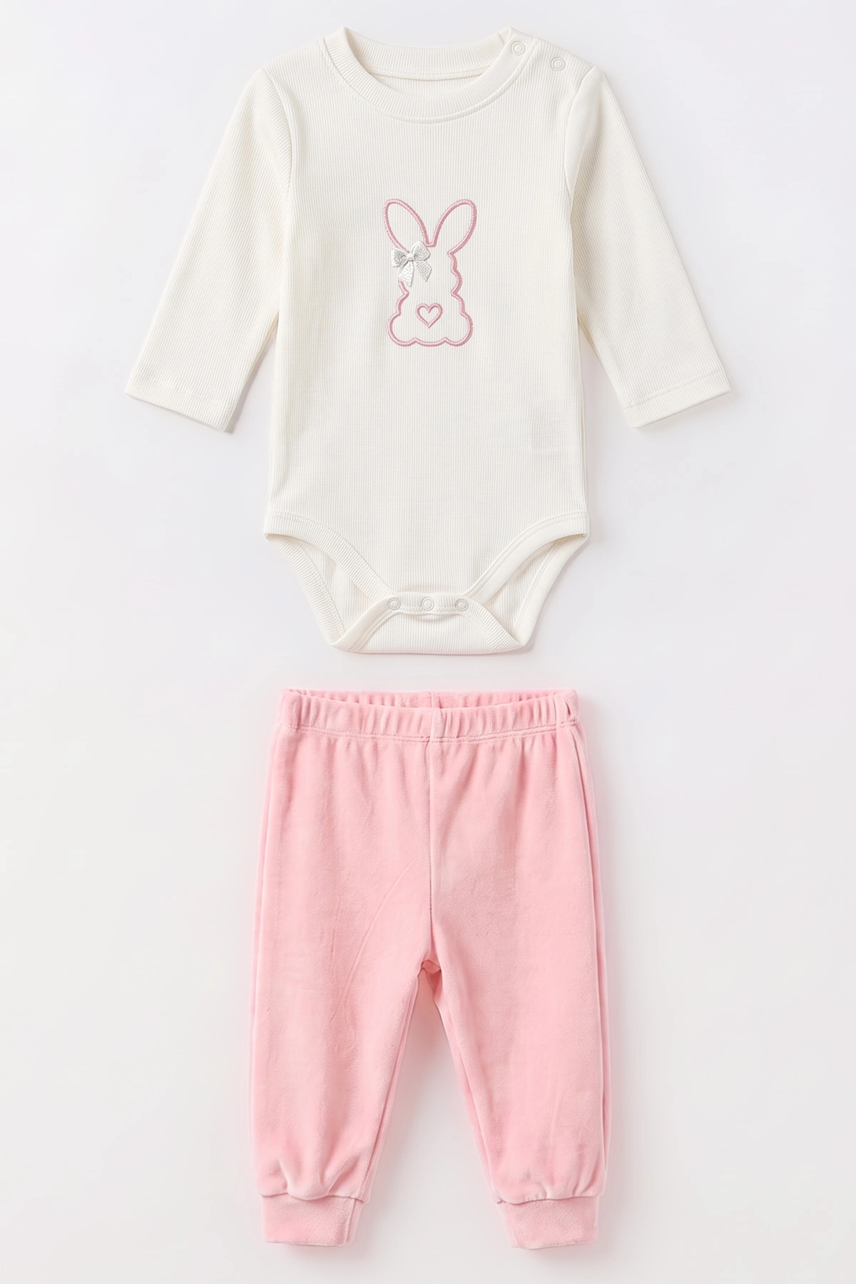 Pudra (3-18 Ay) Kapüşonlu Rabbit  Nakışlı Hırkalı  Çıtçıtlı Zıbınlı Kadife  Kız Bebek 3'lü Takım 487526