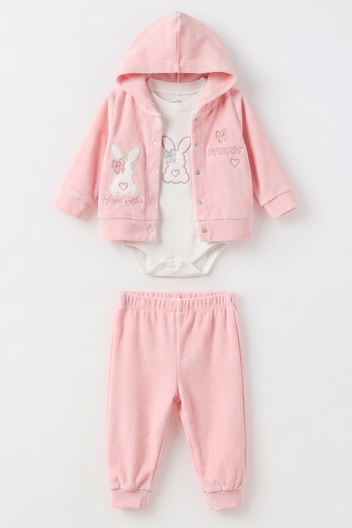 Pudra (3-18 Ay) Kapüşonlu Rabbit Nakışlı Hırkalı Çıtçıtlı Zıbınlı Kadife Kız Bebek 3'lü Takım 487526