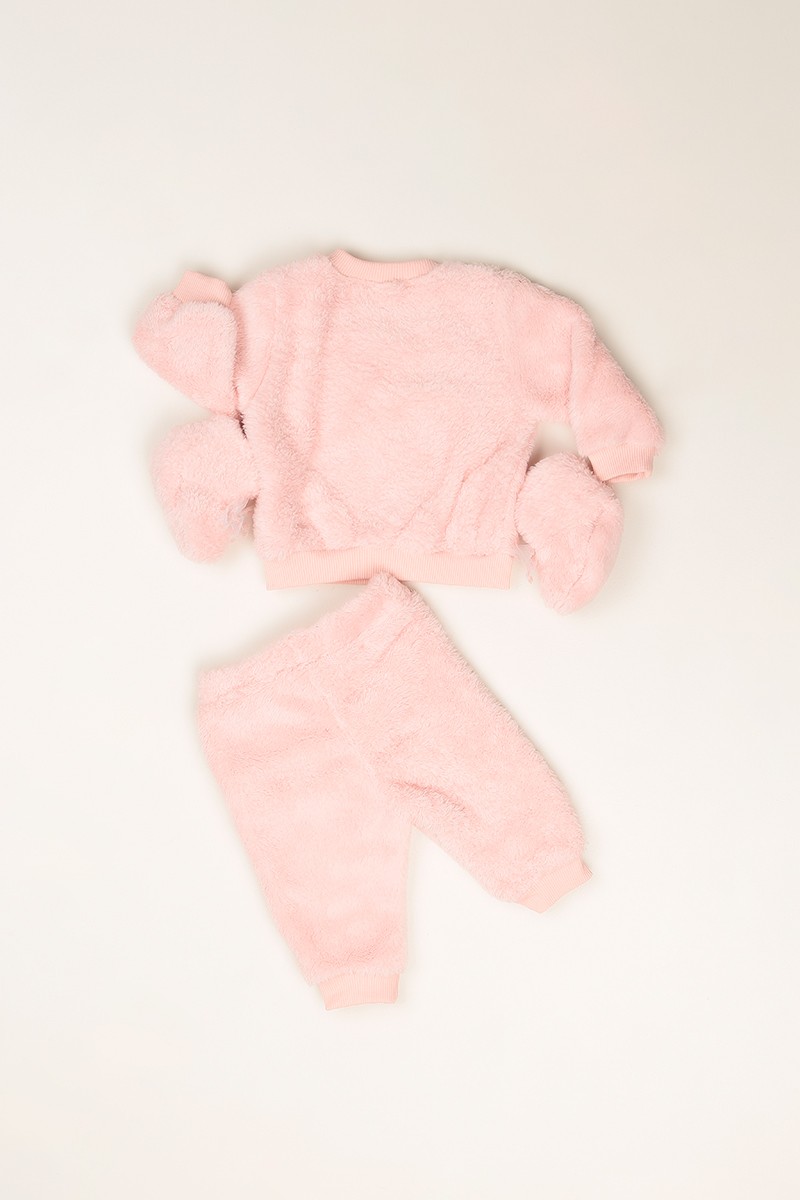 Pudra (3-24 Ay) Tavşan Nakışlı Patili Peluş Kız Çocuk Takım 81848