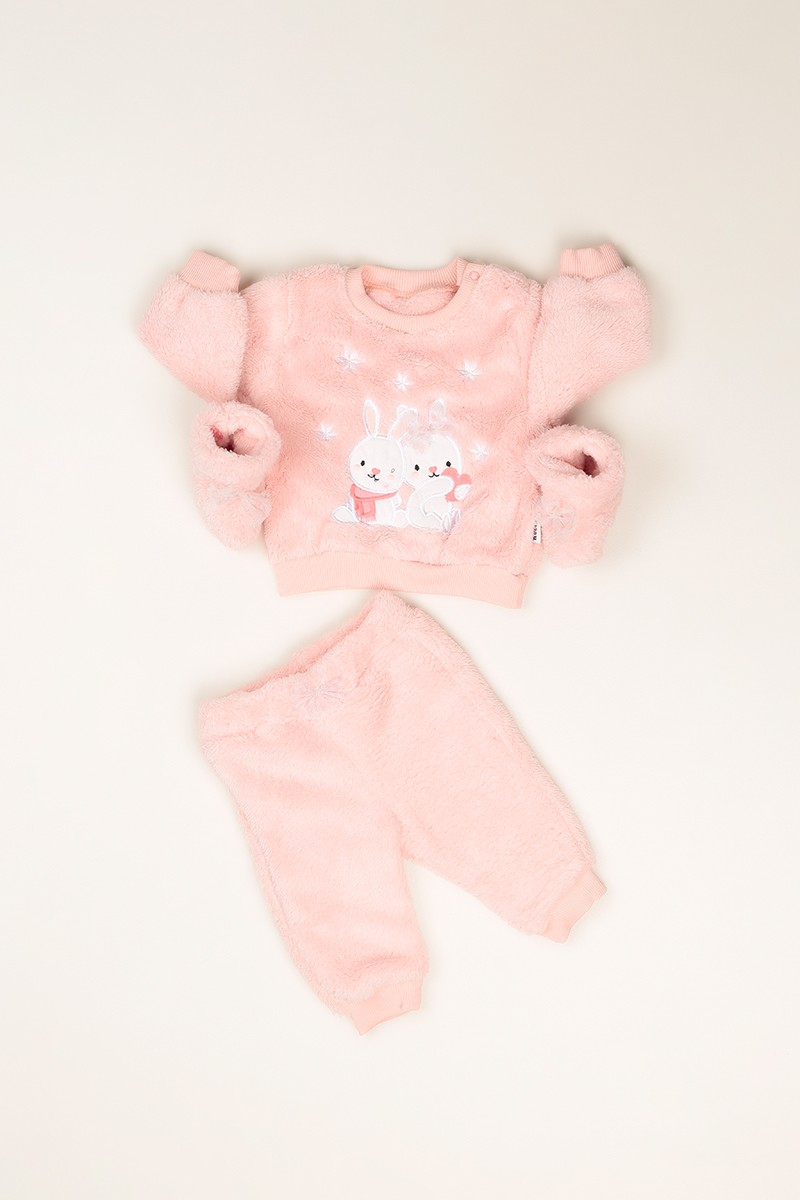Pudra (3-24 Ay) Tavşan Nakışlı Patili Peluş Kız Çocuk Takım 81848
