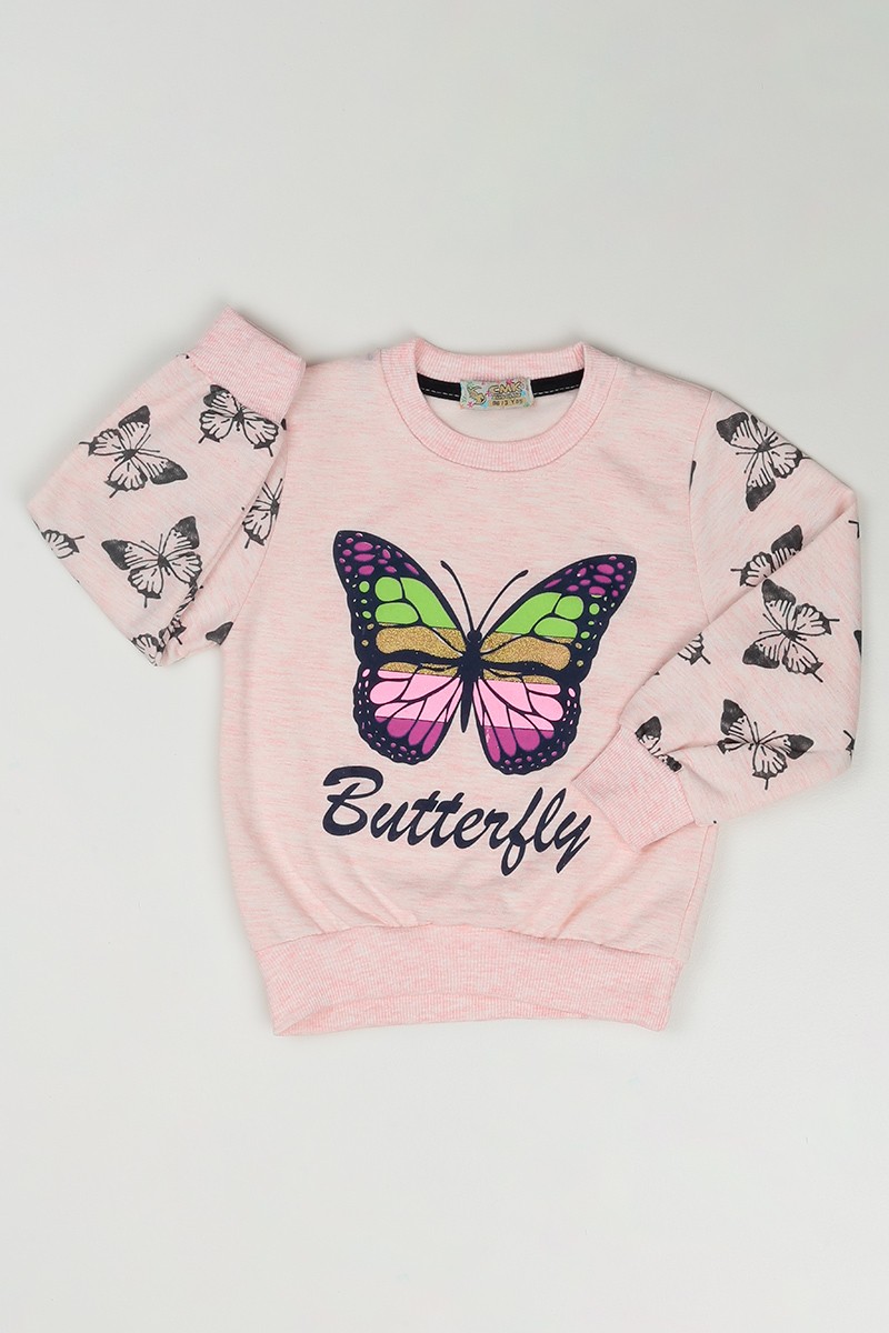 Pudra (3-12 Yaş) Kelebek Baskılı Kız Çocuk Sweatshirt 84888