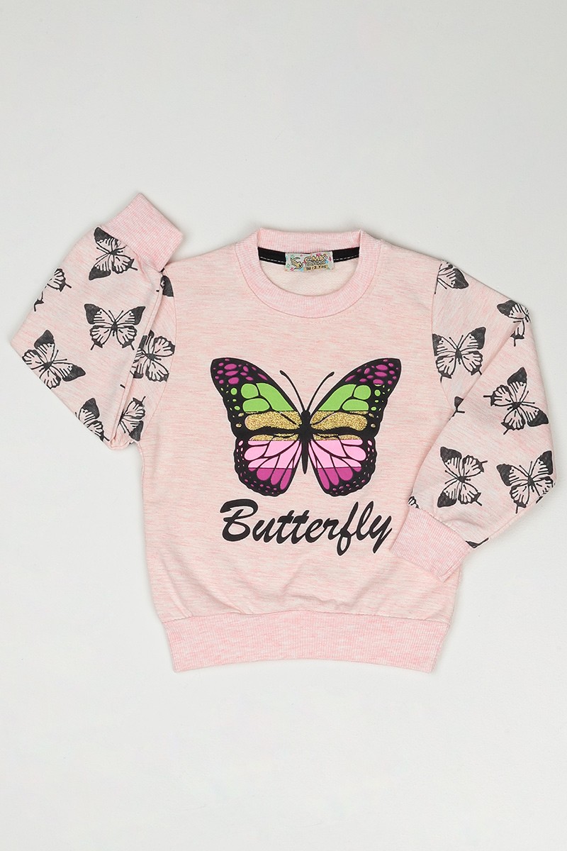 Pudra (3-7 Yaş) Kelebek Baskılı Kız Çocuk SweatShirt 90351
