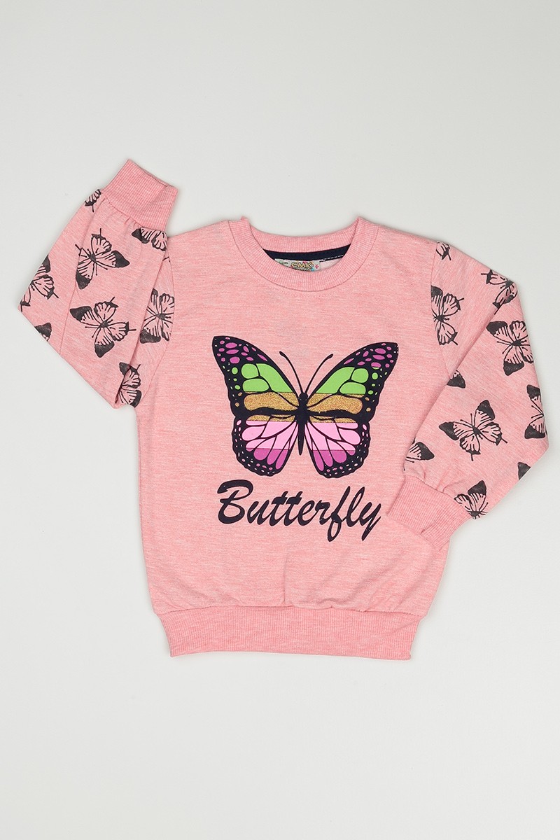 Pudra (3-7 Yaş) Kelebek Baskılı Kız Çocuk Sweatshirt 90857