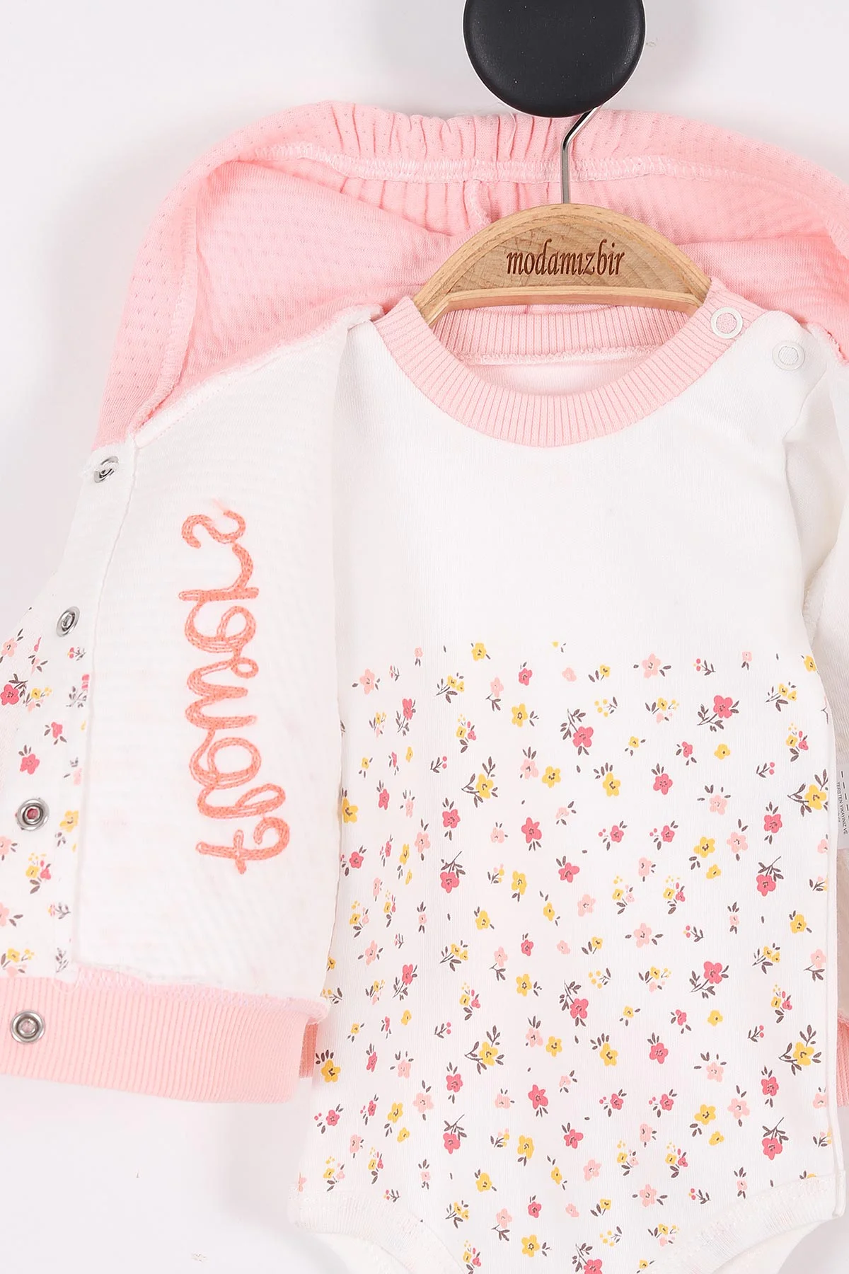 Pudra (3-9 Ay) Flowers Nakışlı Çiçek Desenli Kapüşonlu Kız Bebek Takım 279947