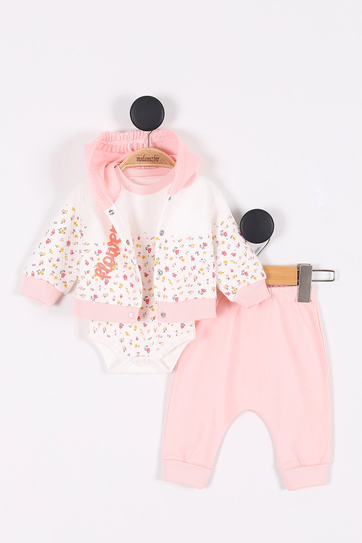 Pudra (3-9 Ay) Flowers Nakışlı Çiçek Desenli Kapüşonlu Kız Bebek Takım 279947