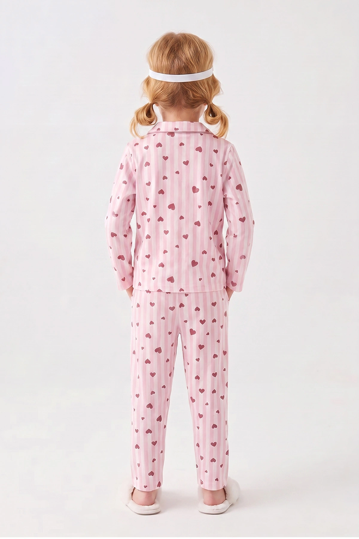 Pudra (4-12 Yaş) Desenli   Uzun Kol  Ön Düğmeli Göz Bandı Detaylı Kız Çocuk Pijama Takım 473645