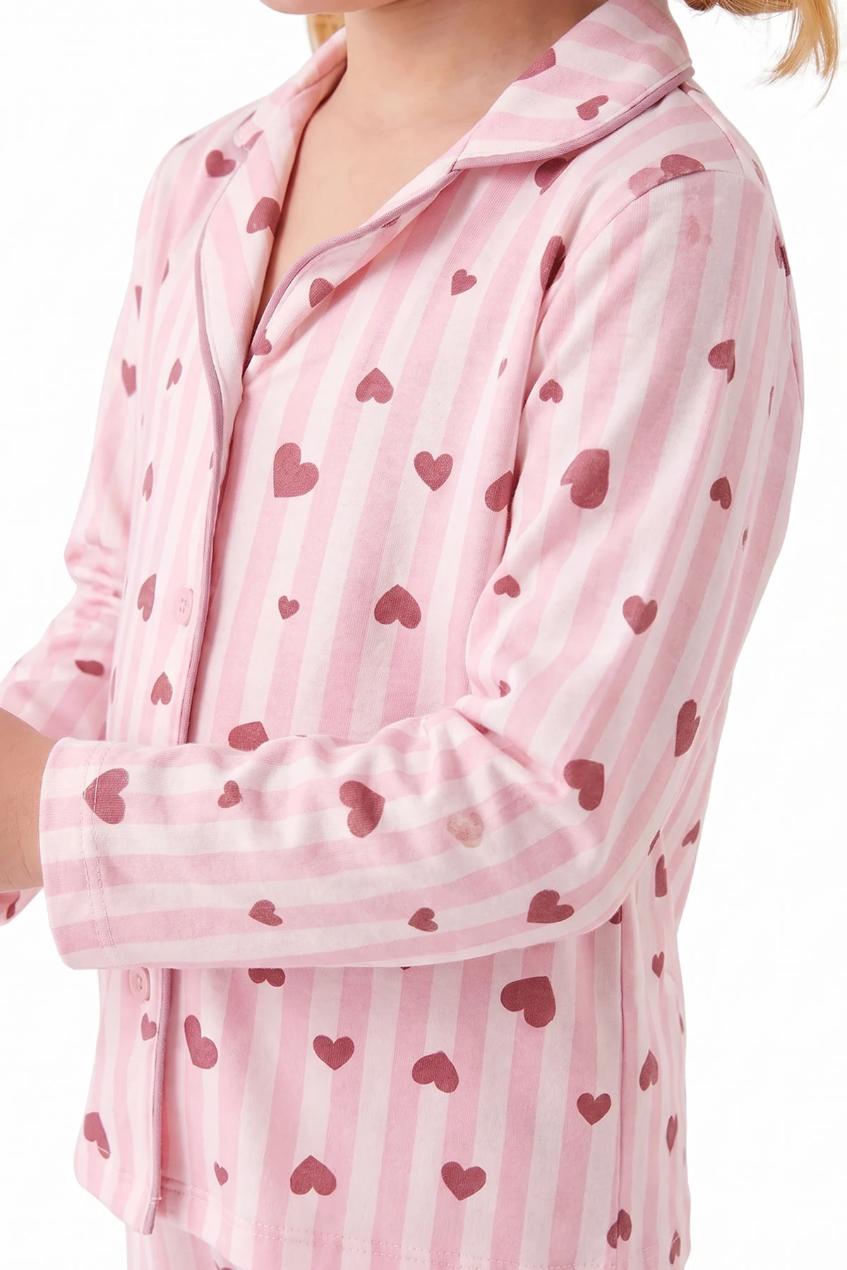 Pudra (4-12 Yaş) Desenli   Uzun Kol  Ön Düğmeli Göz Bandı Detaylı Kız Çocuk Pijama Takım 473645