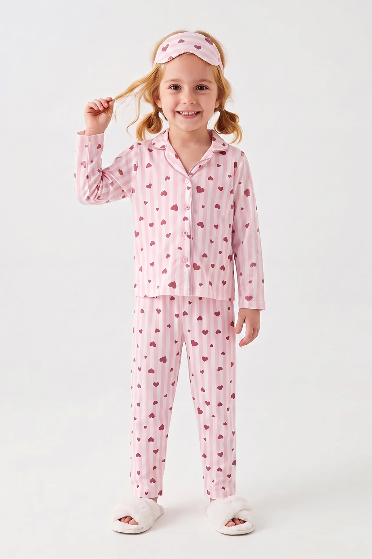 Pudra (4-12 Yaş) Desenli Uzun Kol Ön Düğmeli Göz Bandı Detaylı Kız Çocuk Pijama Takım 473645