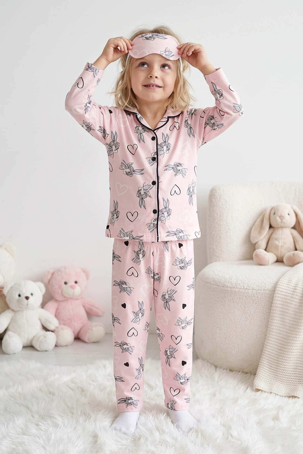 Pudra (4-12 Yaş) Desenli   Uzun Kol  Ön Düğmeli Göz Bandı Detaylı Kız Çocuk Pijama Takım 473650