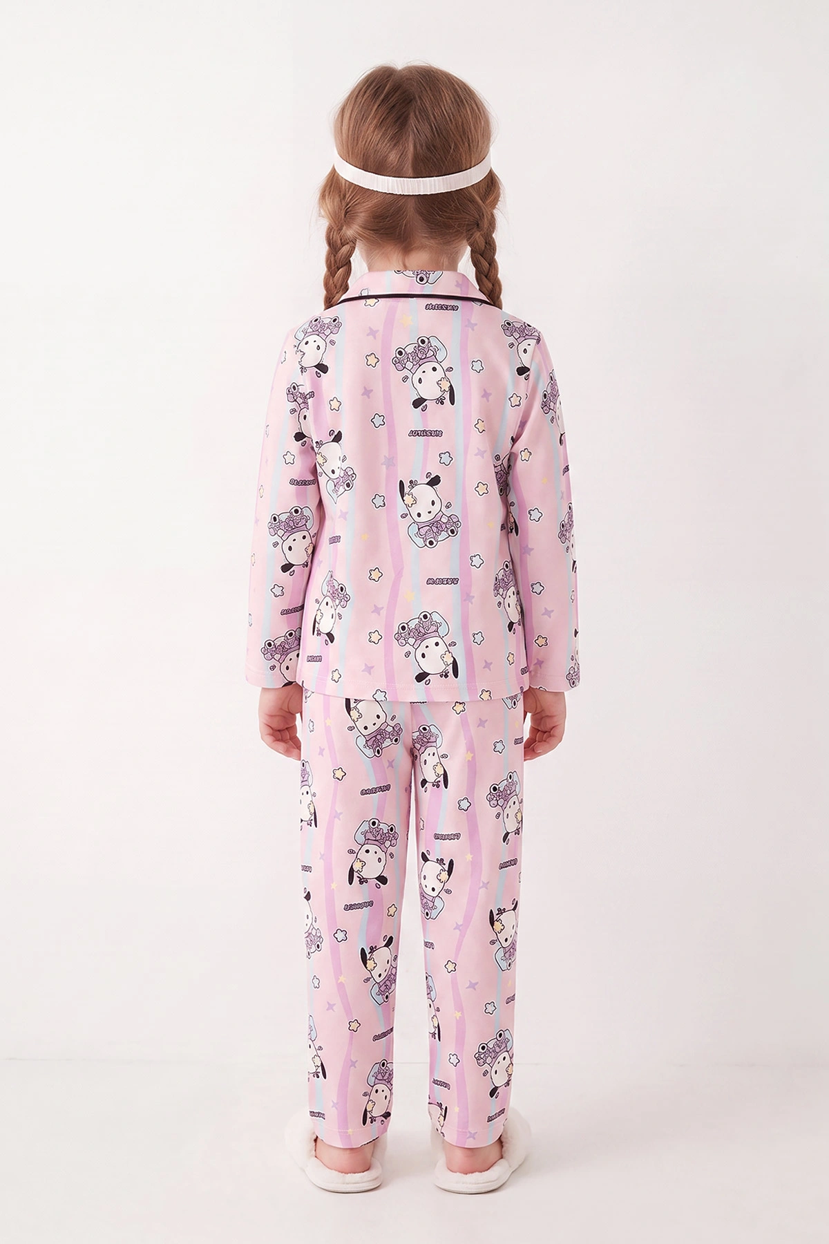 Pudra (4-12 Yaş) Desenli   Uzun Kol  Ön Düğmeli Göz Bandı Detaylı Kız Çocuk Pijama Takım 473656