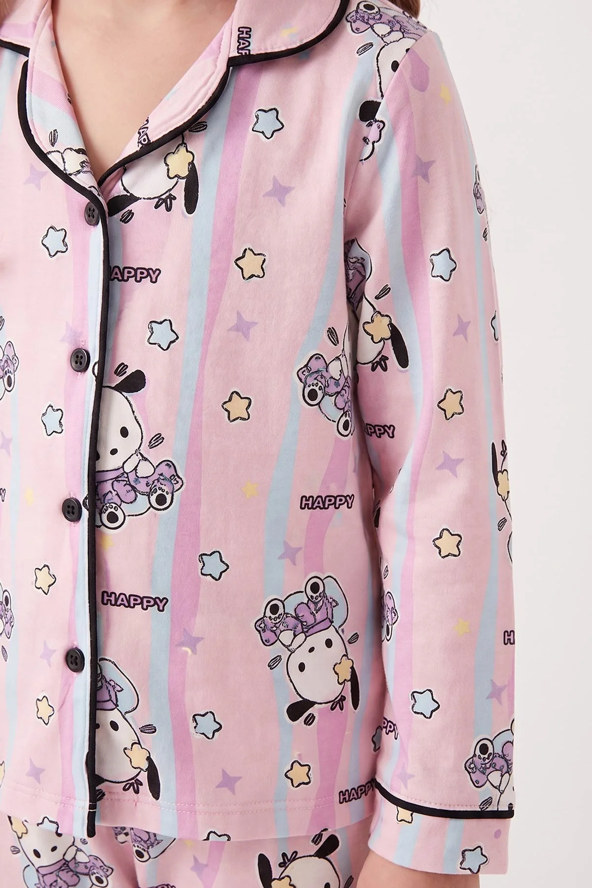 Pudra (4-12 Yaş) Desenli   Uzun Kol  Ön Düğmeli Göz Bandı Detaylı Kız Çocuk Pijama Takım 473656