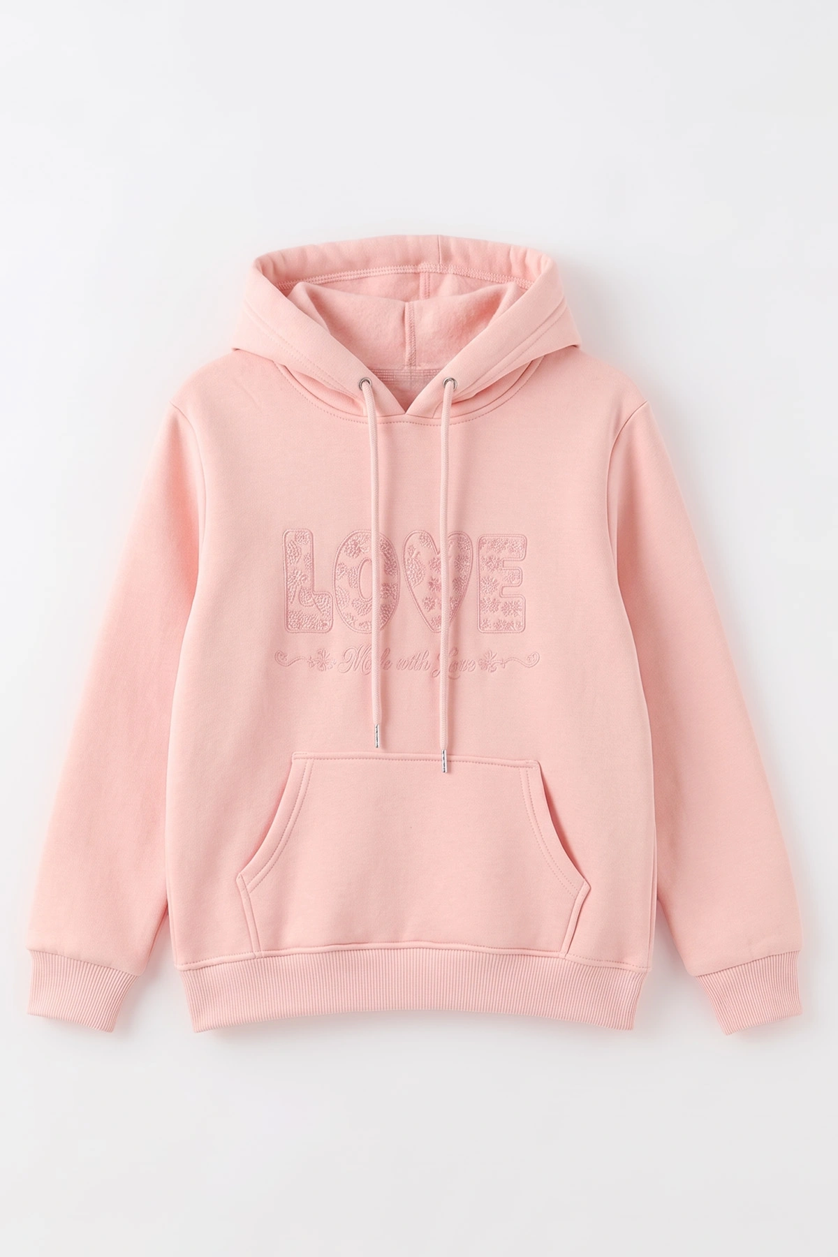 Pudra (4-12 Yaş) Love Nakışlı Kapüşonlu 3 İp Şardonlu Kız Çocuk Sweatshirt 495031