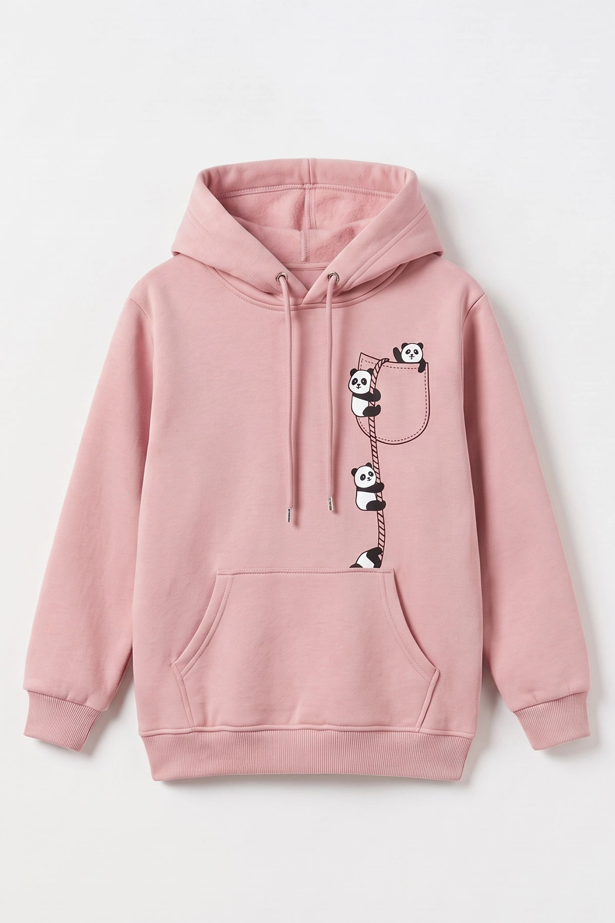 Pudra (4-12 Yaş) Panda Baskılı Kapüşonlu ve Kanguru Cepli 3 İp Şardonlu  Kız Çocuk Sweatshirt 497535
