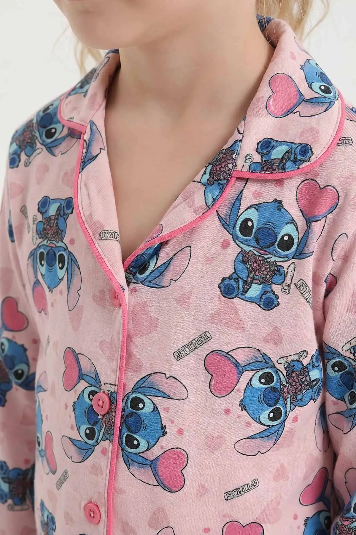Pudra (4-12 Yaş)Karakter  Desenli   Uzun Kol  Ön Düğmeli Göz Bandı Detaylı Kız Çocuk Pijama Takım 473662