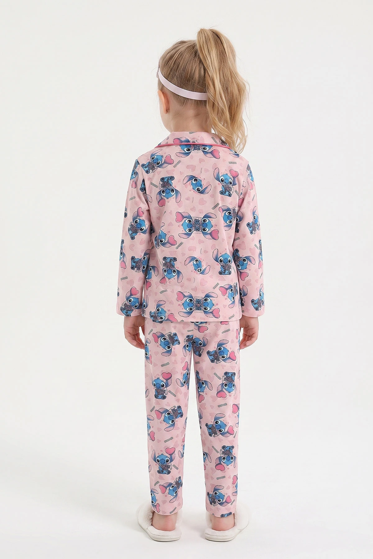 Pudra (4-12 Yaş)Karakter  Desenli   Uzun Kol  Ön Düğmeli Göz Bandı Detaylı Kız Çocuk Pijama Takım 473662