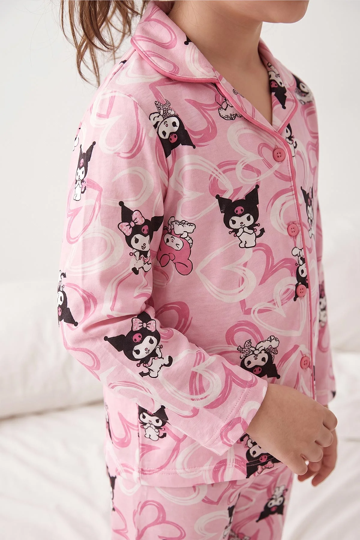 Pembe (4-12 Yaş)Karakter  Desenli   Uzun Kol  Ön Düğmeli Göz Bandı Detaylı Kız Çocuk Pijama Takım 473669