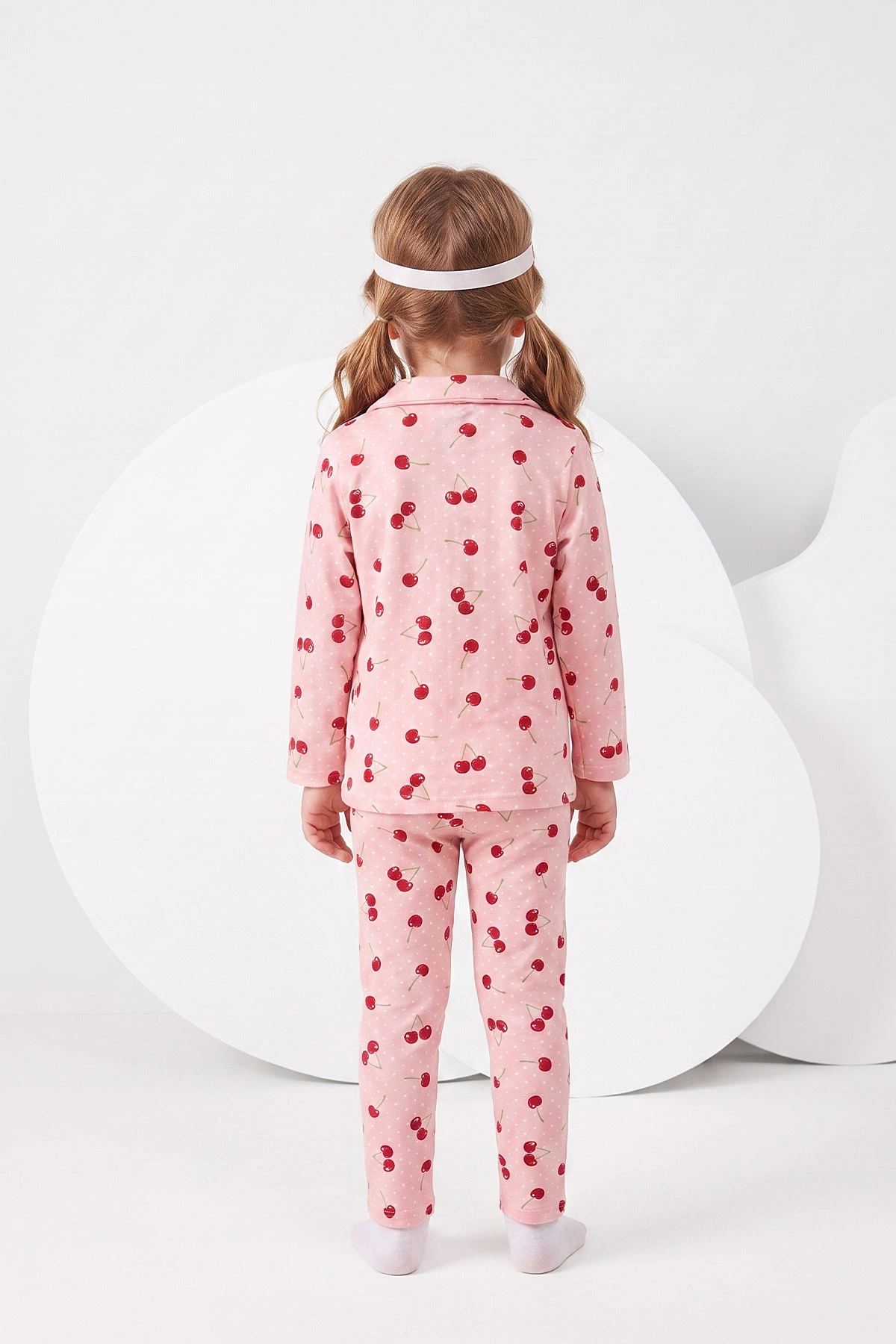 Pudra (4-12 Yaş)Kiraz Desenli   Uzun Kol  Ön Düğmeli  Kız Çocuk Pijama Takım 473994