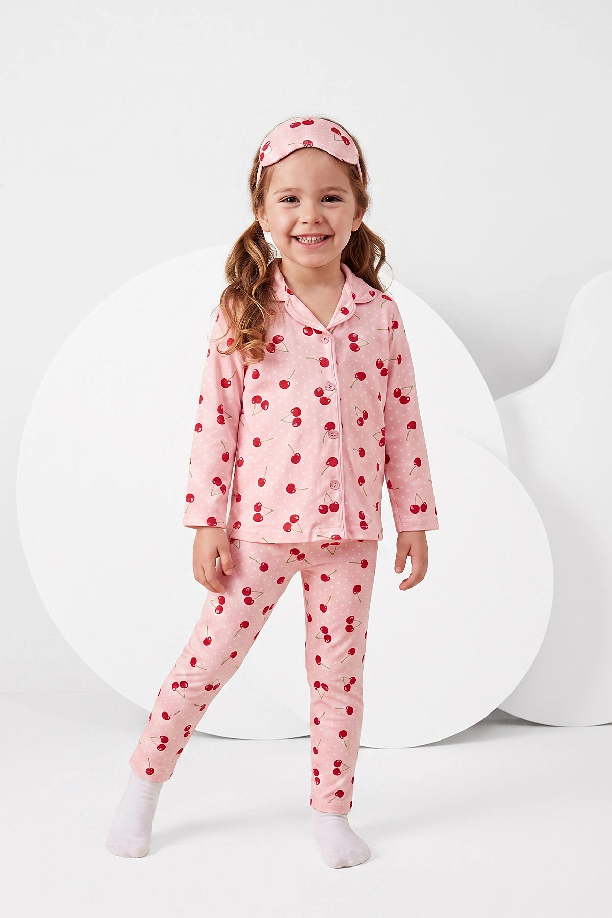 Pudra (4-12 Yaş)Kiraz Desenli   Uzun Kol  Ön Düğmeli  Kız Çocuk Pijama Takım 473994