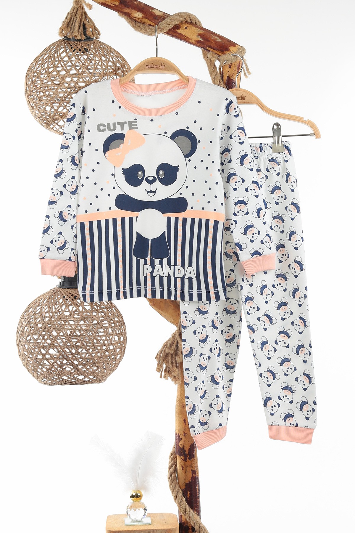 Pudra (4-6 Yaş) Ekru Panda Desenli Kız Çocuk Pijama Takım 137316