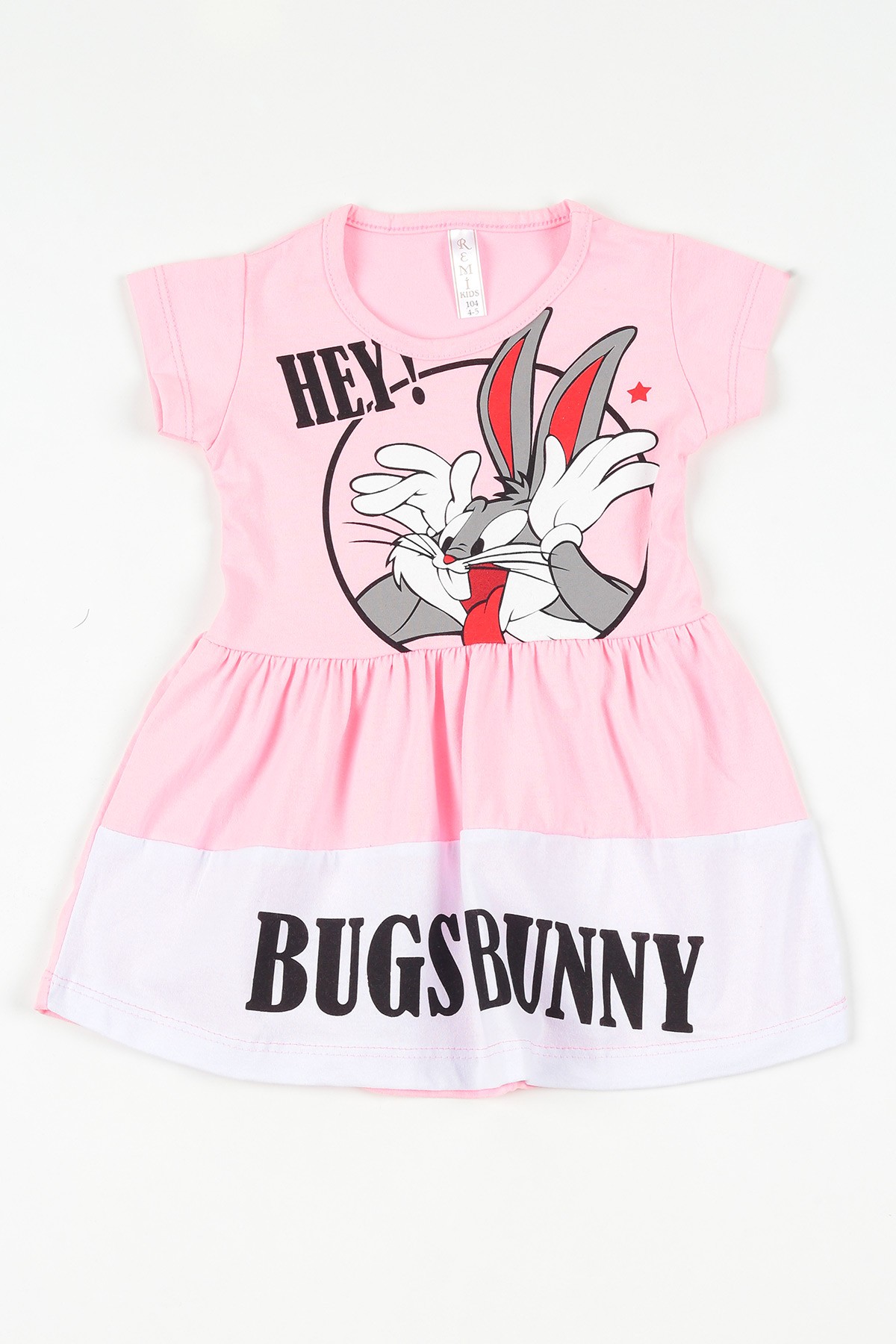 Pudra (4-8 yaş)Bugs Bunny Baskılı Beli Lastikli Kız Çocuk Elbise 108778