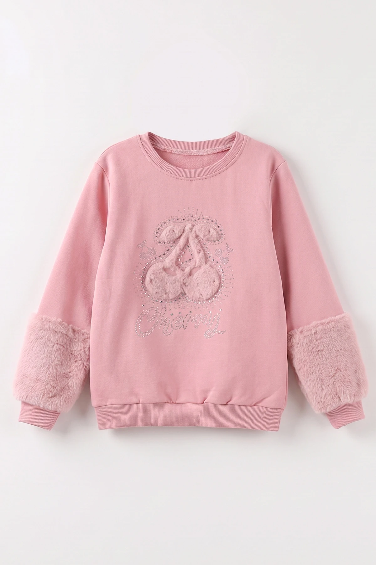 Pudra (5-13 Yaş) Kiraz Nakışlı Taşlı  İçi Şardonlu Kız Çocuk Sweatshirt 487442