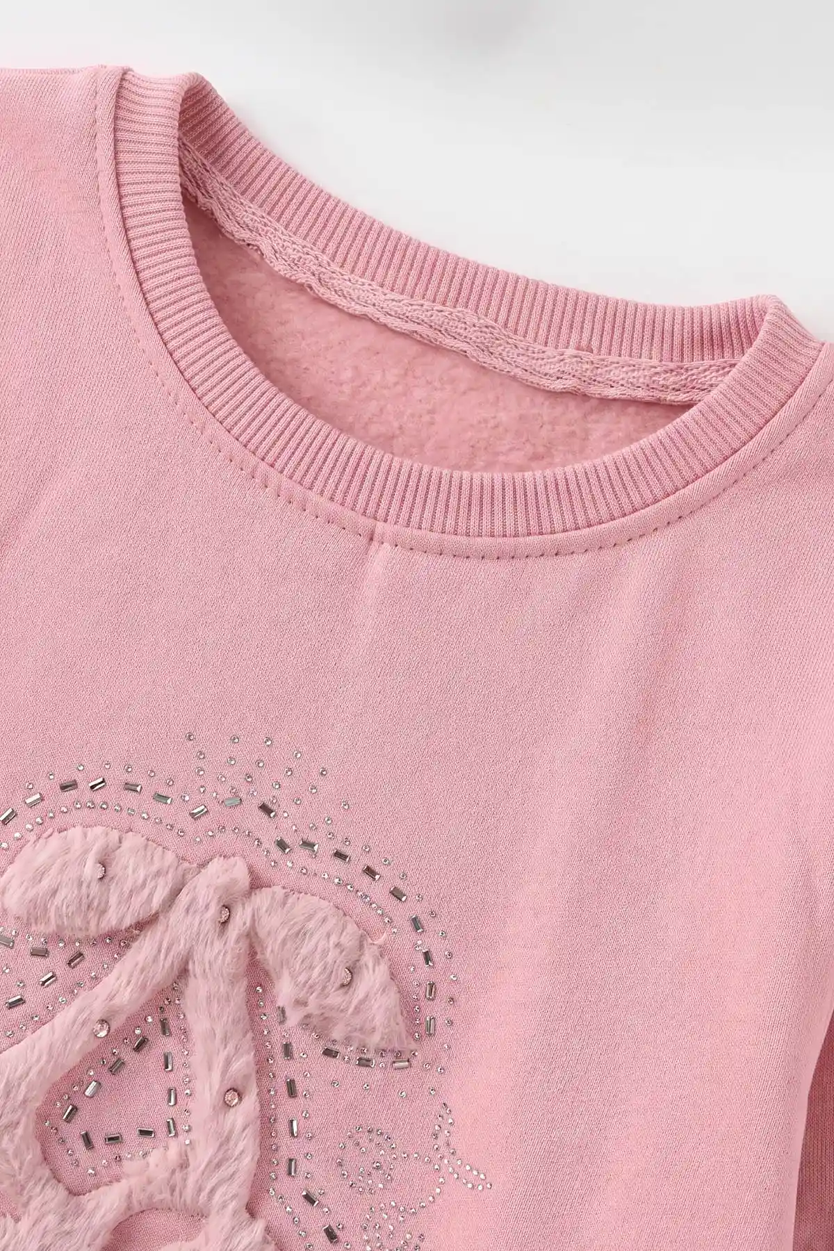 Pudra (5-13 Yaş) Kiraz Nakışlı Taşlı  İçi Şardonlu Kız Çocuk Sweatshirt 487442