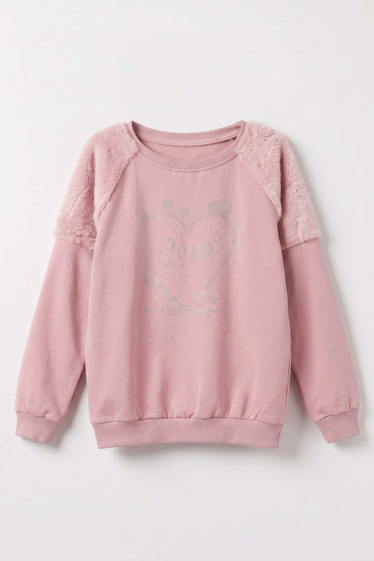 Pudra (5-13 Yaş) Love Taş Baskılı  Peluşlu İçi Hafif  Şardonlu Kız Çocuk Sweatshirt 489280