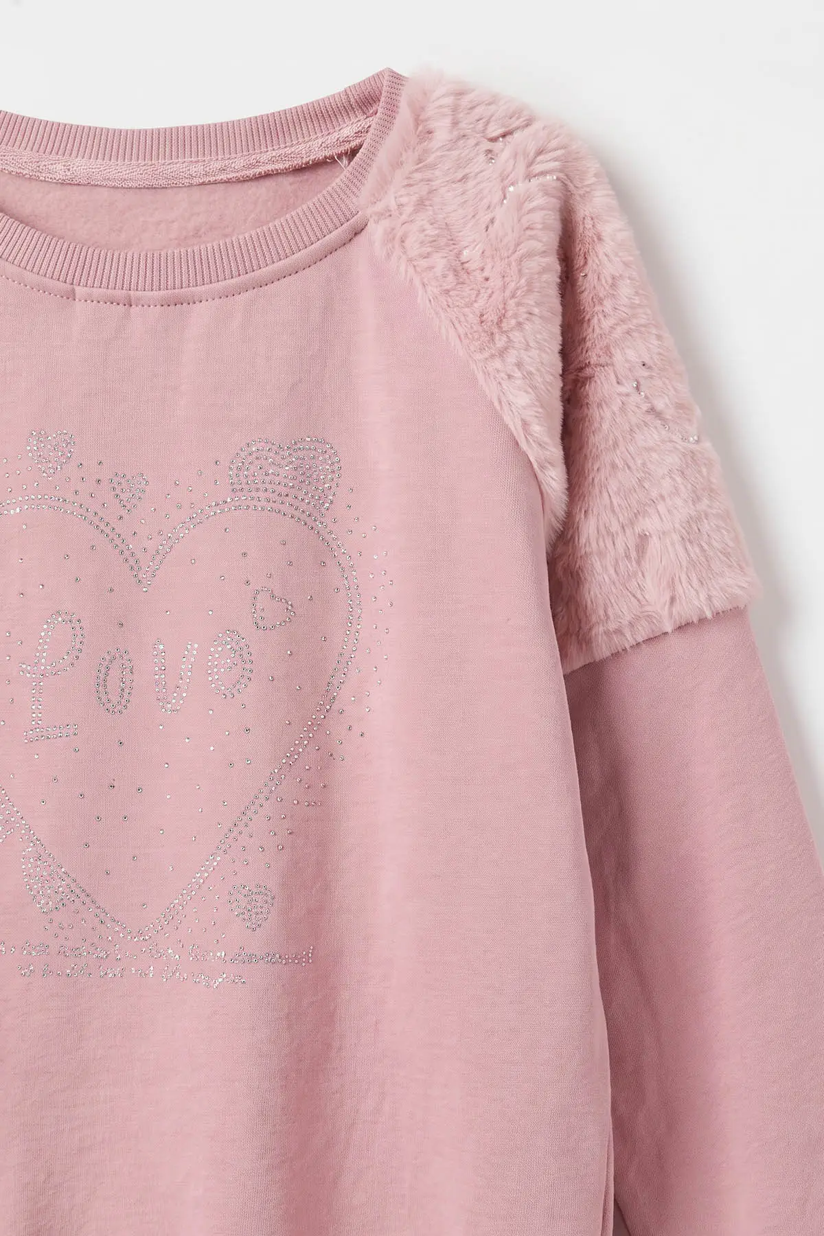 Pudra (5-13 Yaş) Love Taş Baskılı  Peluşlu İçi Hafif  Şardonlu Kız Çocuk Sweatshirt 489280